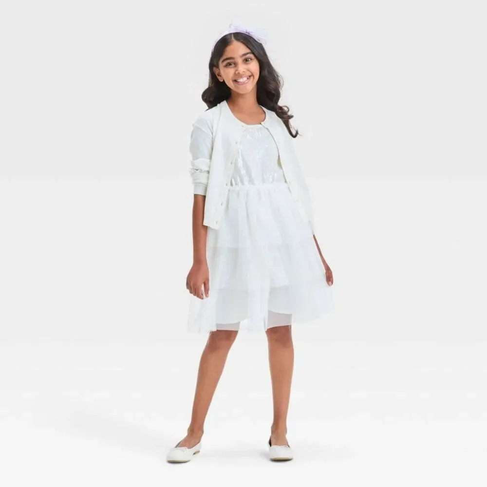 Cat & Jack - Girls' Sleeveless Tiered Tulle Sequin Dress - Cat  White